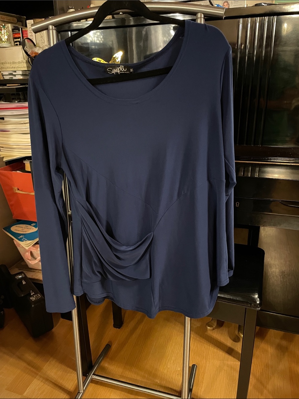 Sympli Stunning Blue Long-Sleeve Draped Front Top